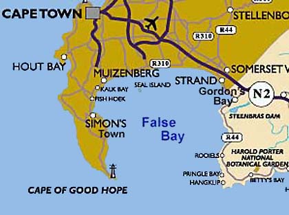 ... rund um die False Bay: Simon's Town - Fish Hoek - Kalk Bay 
	- Muizenberg - Strand  - Gordons Bay