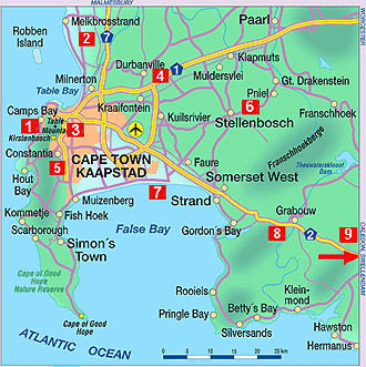 ... nur anklicken: Übersicht
        - Regionen um Kapstadt 1- 9
        - incl. wichtigste Orte sowie
        - Straßenkarten